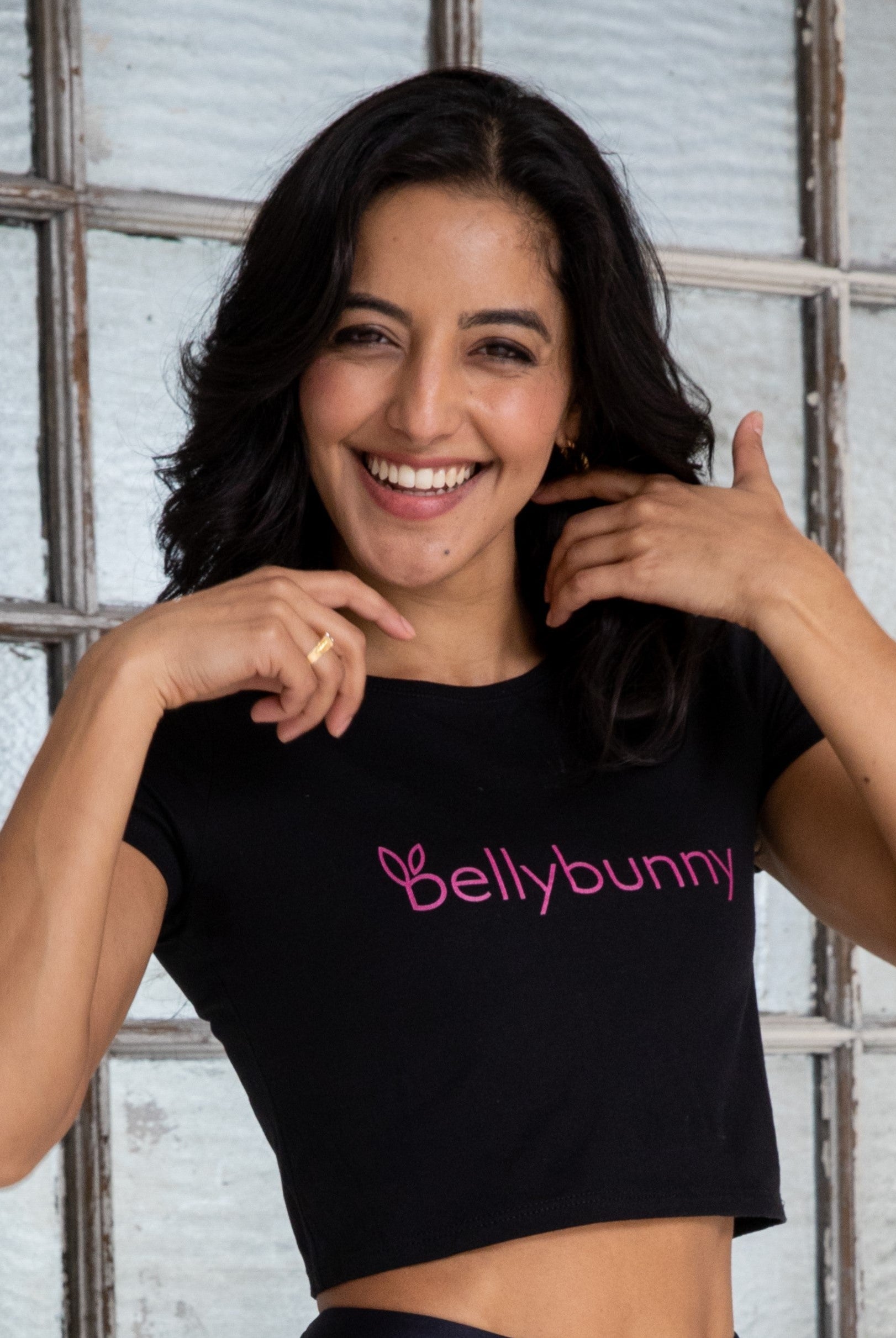 Bellybunny-Women’s Crop Top-Black with pink logo