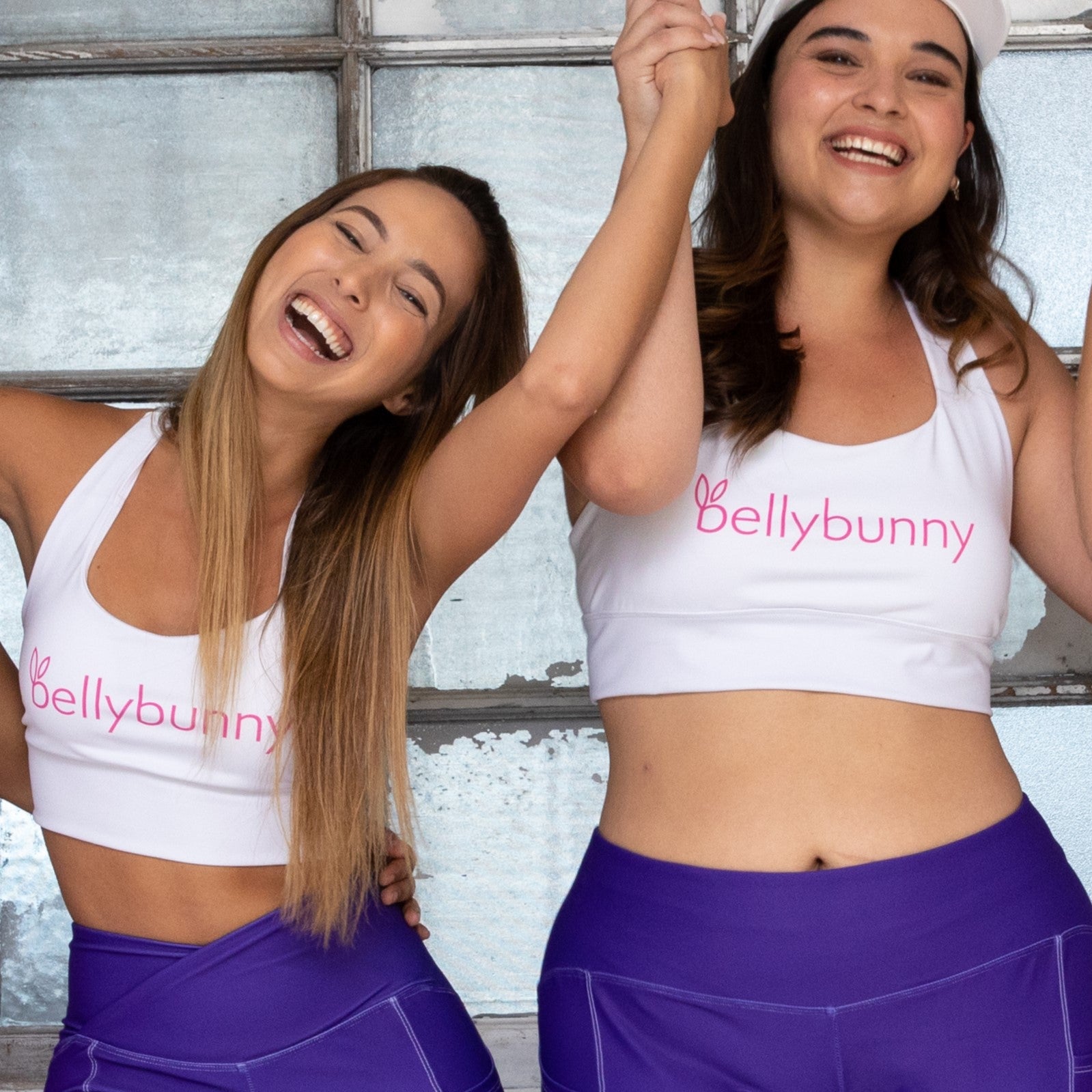 Bellybunny-Women's Longline Sports Bra- White with Pink Logo