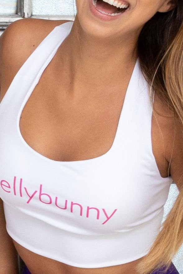Bellybunny-Women's Longline Sports Bra- White with Pink Logo