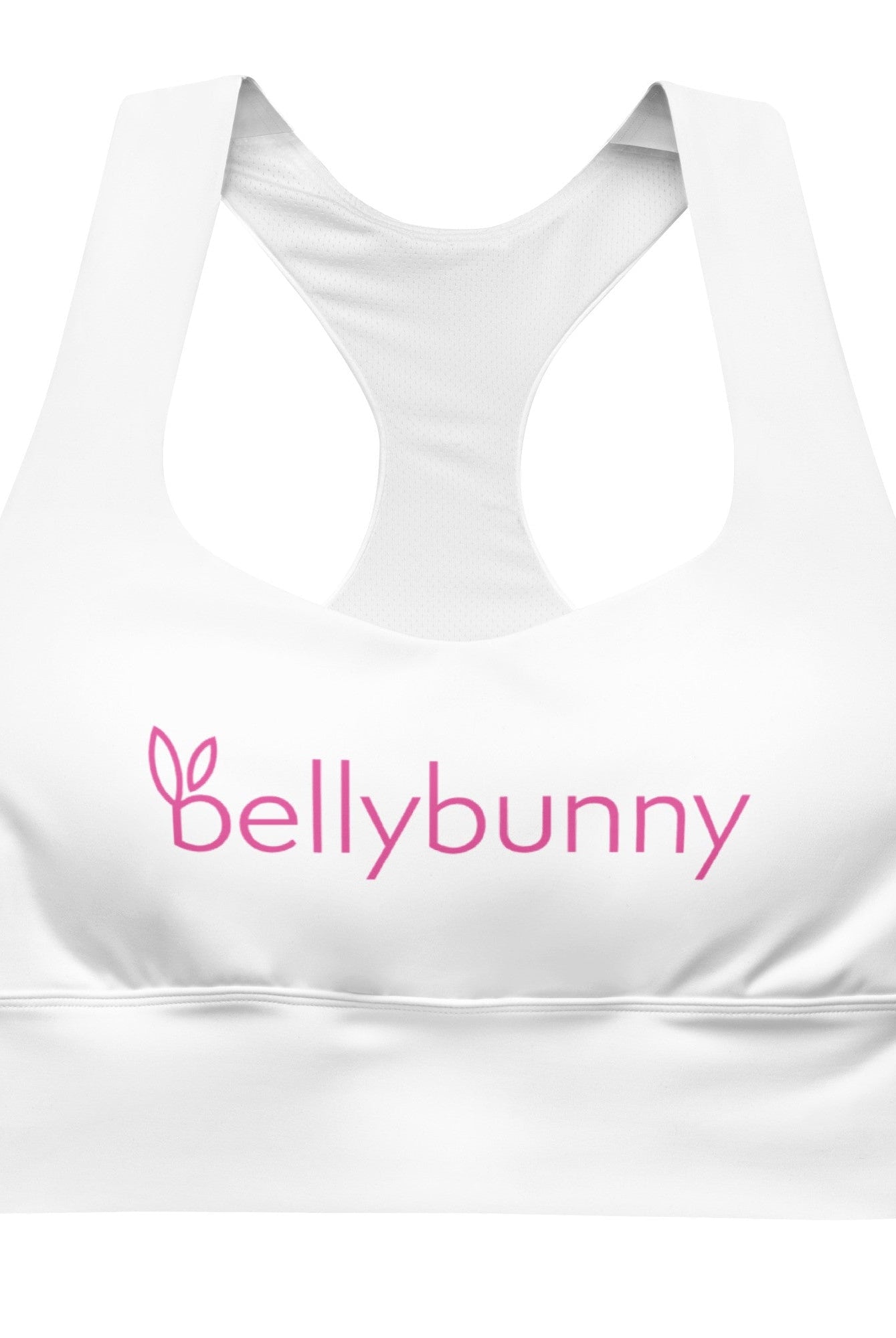 Bellybunny-Women's Longline Sports Bra- White with Pink Logo