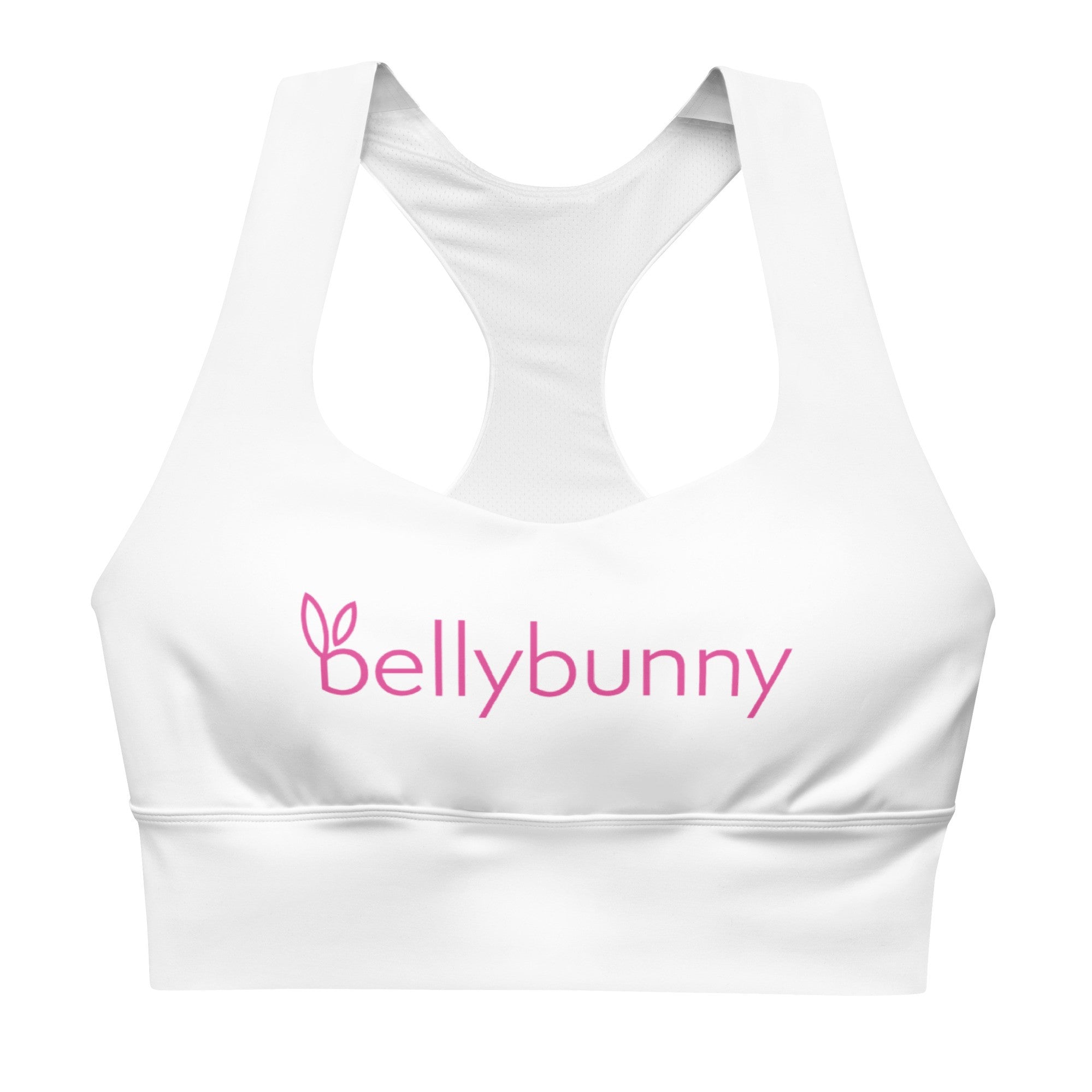 Bellybunny-Women's Longline Sports Bra- White with Pink Logo
