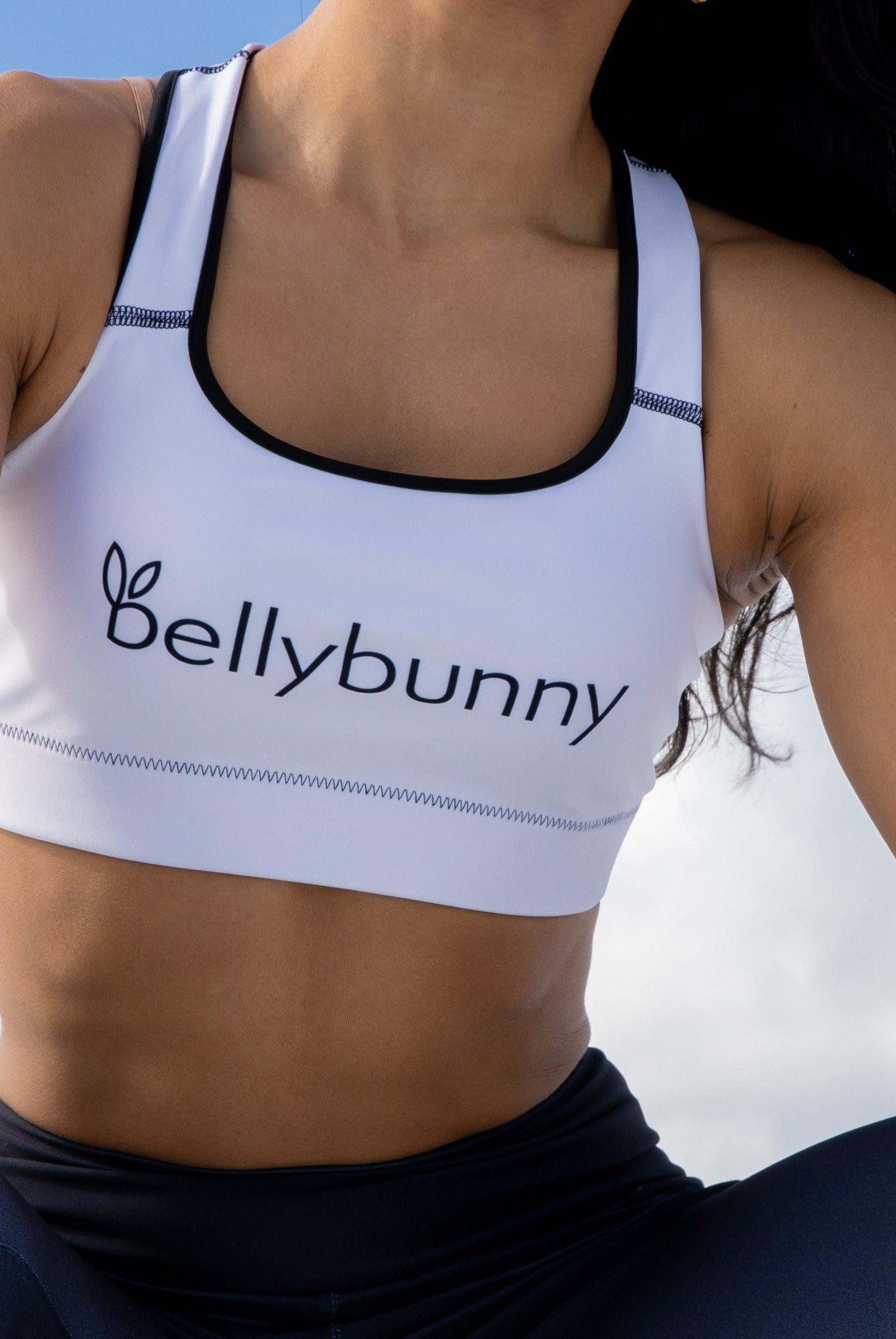 Bellybunny-Women's Sports Bra-White with black trim and black logo