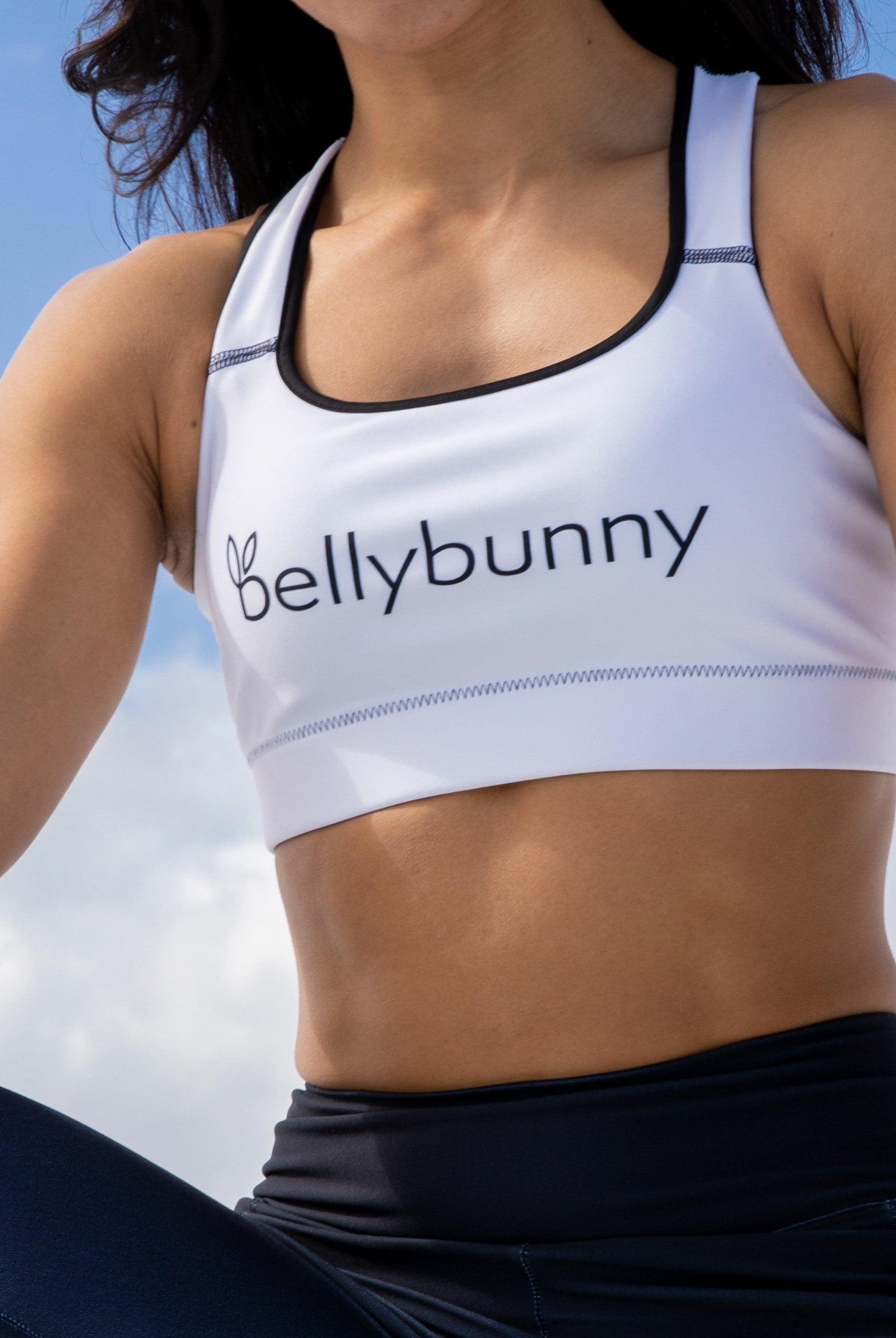 Bellybunny-Women's Sports Bra-White with black trim and black logo