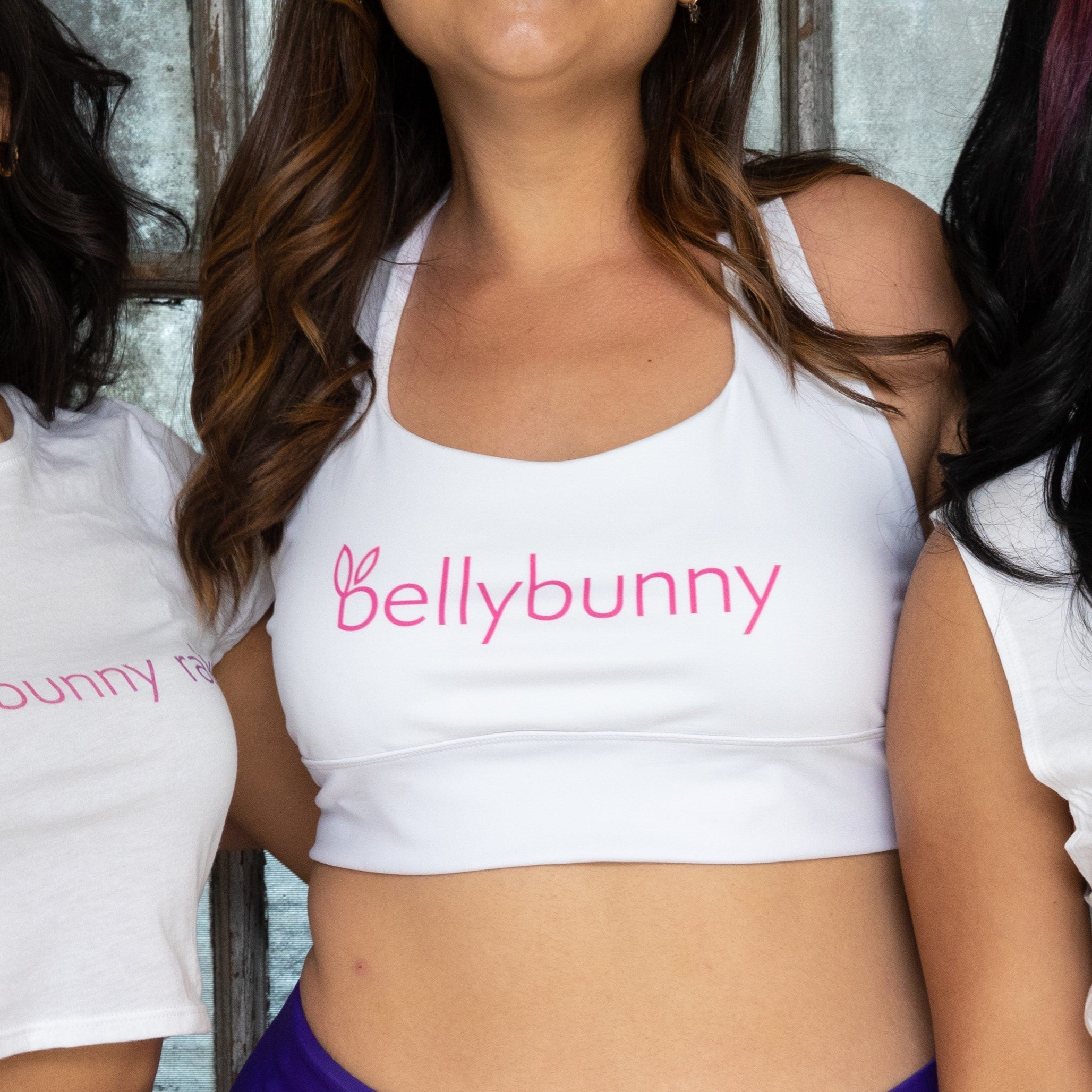 Bellybunny-Women's Longline Sports Bra- White with Pink Logo