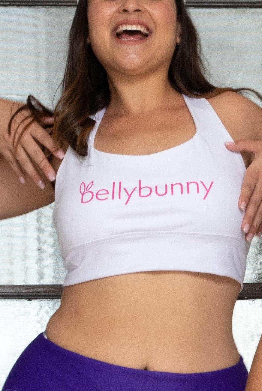 Bellybunny-Women's Longline Sports Bra- White with Pink Logo