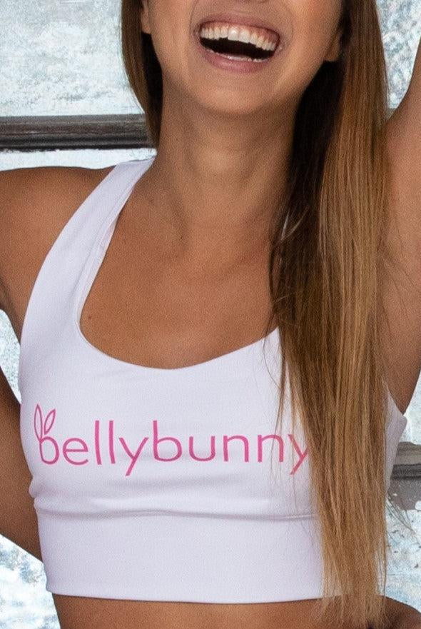 Bellybunny-Women's Longline Sports Bra- White with Pink Logo