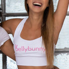 Bellybunny-Women's Longline Sports Bra- White with Pink Logo