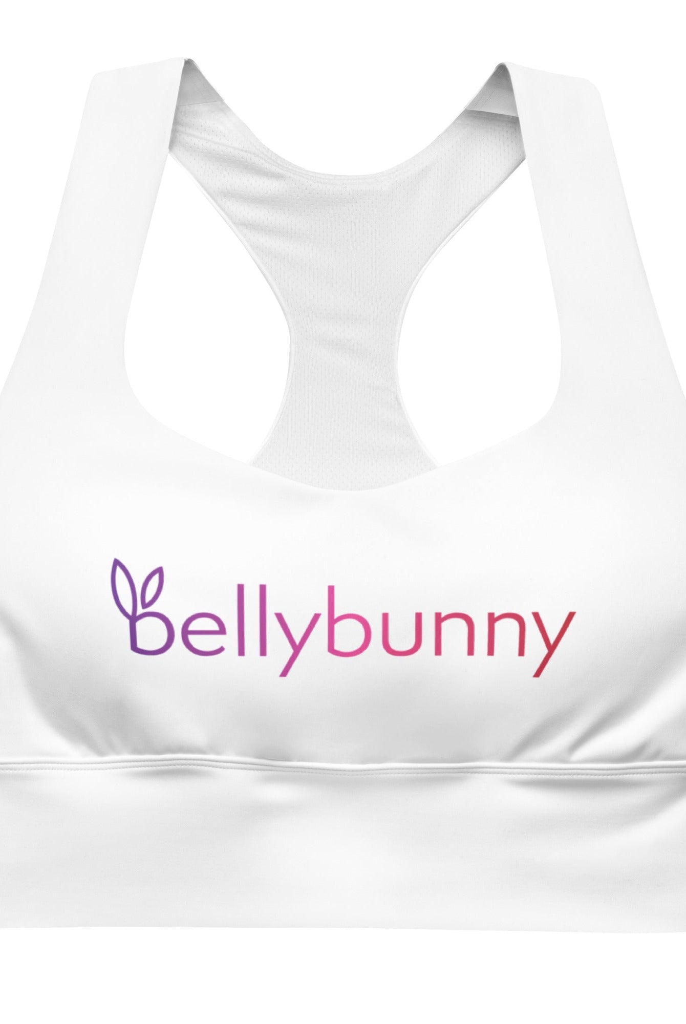 Bellybunny-Women's Longline Sports Bra-White with Rainbow Logo