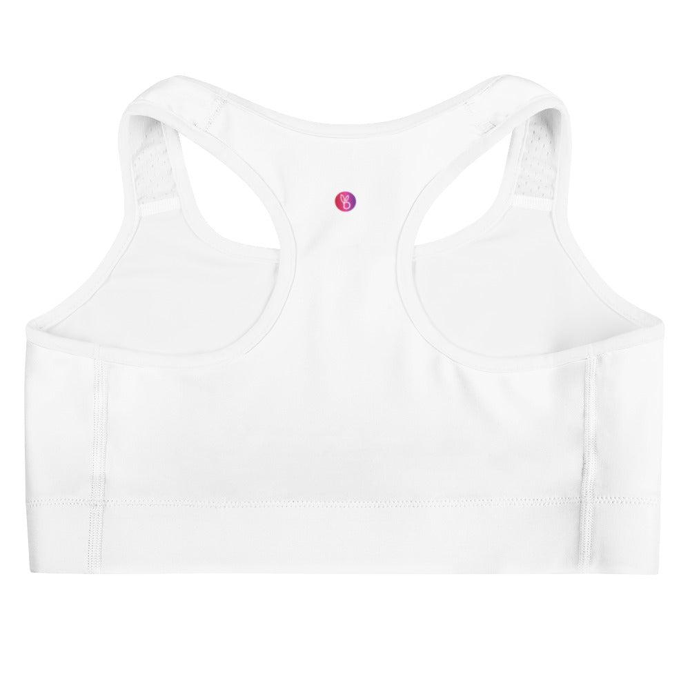 White Sports Bra purple logo--back