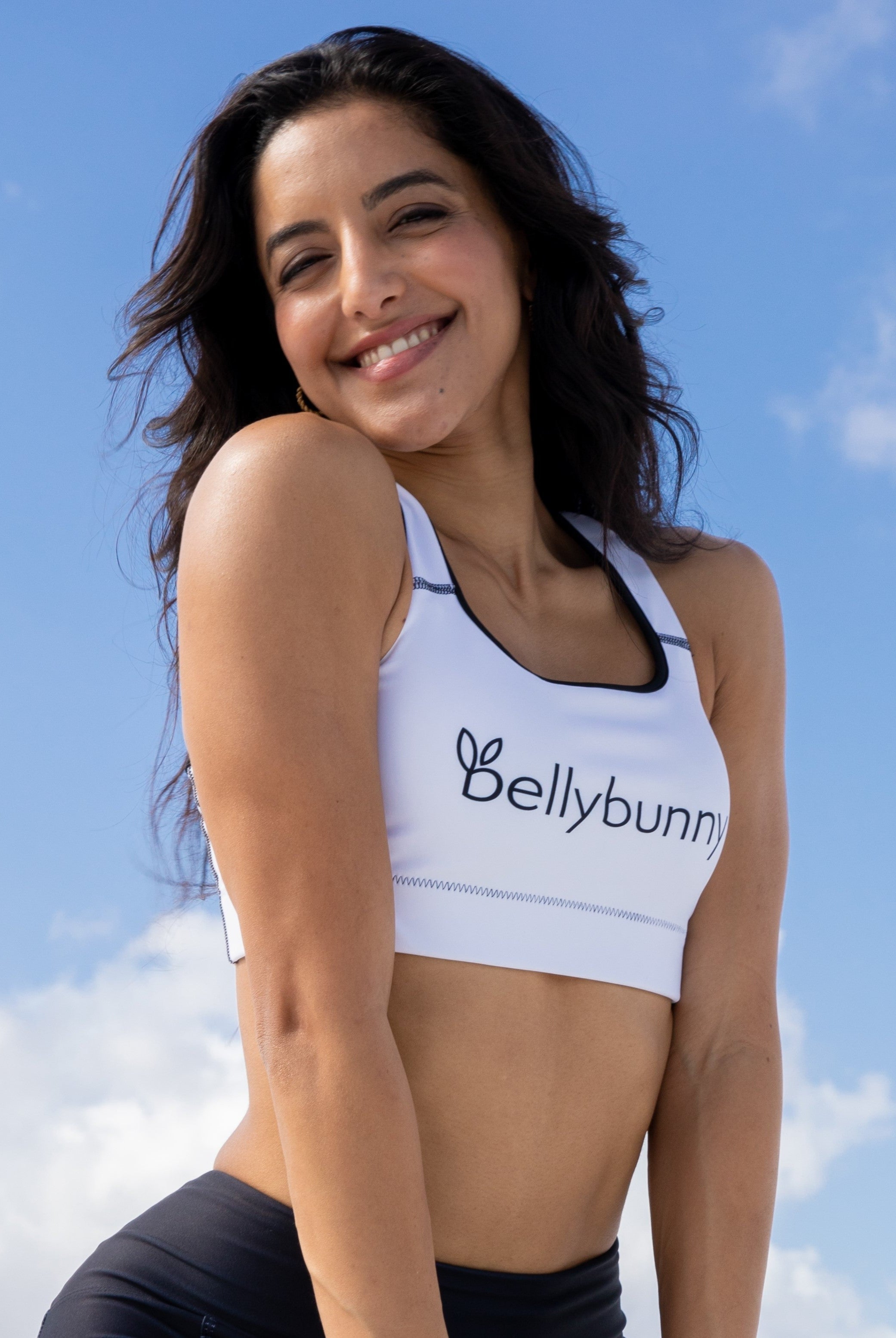 Bellybunny-Women's Sports Bra-White with black trim and black logo