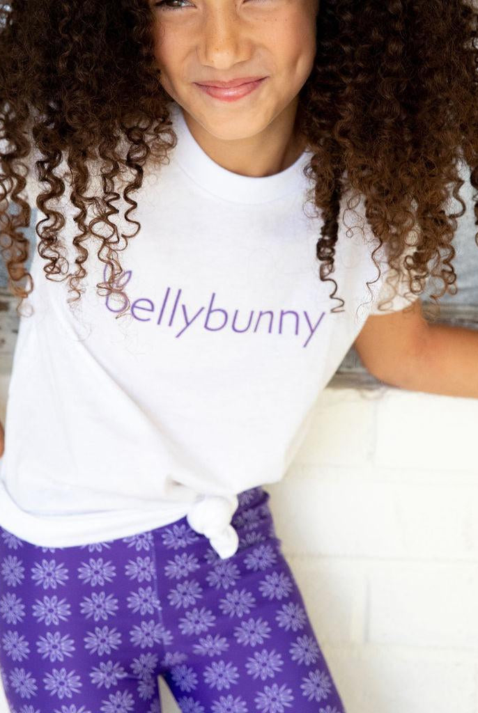 Bellybunny-Youth Leggings-Purple with white sun pattern and white youth t-shirt with purple logo
