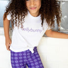 Bellybunny-Youth Leggings-Purple with white sun pattern and white youth t-shirt with purple logo