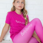 Bellybunny-Youth Leggings-pink with white logo with youth pink tshirt in pink with white logo