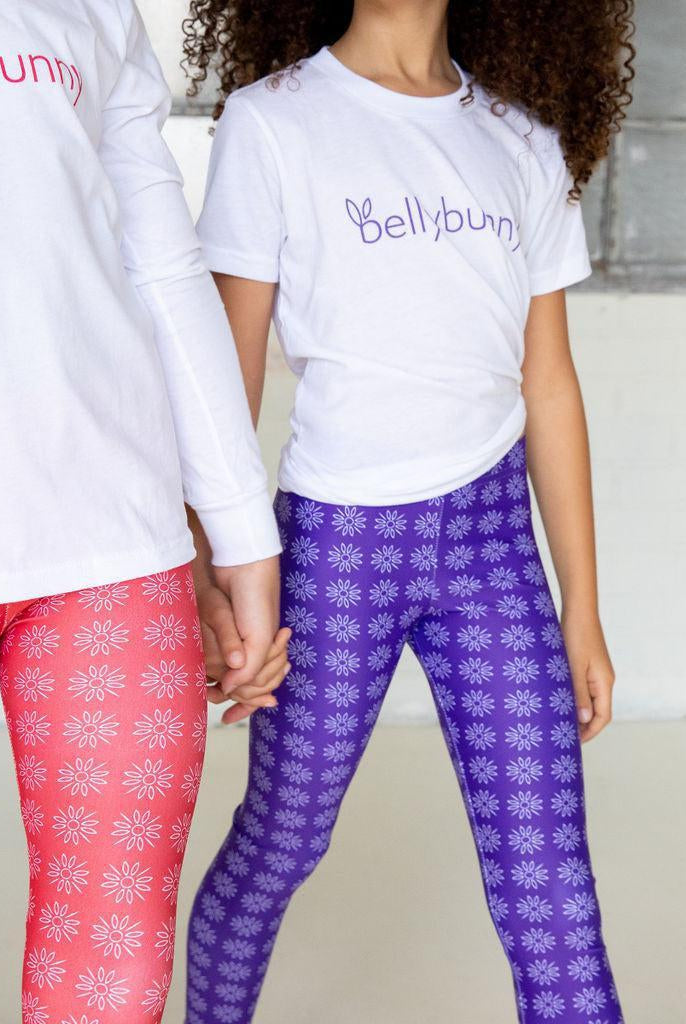 Bellybunny-Youth Leggings-purple with white sun pattern and red with white sun pattern