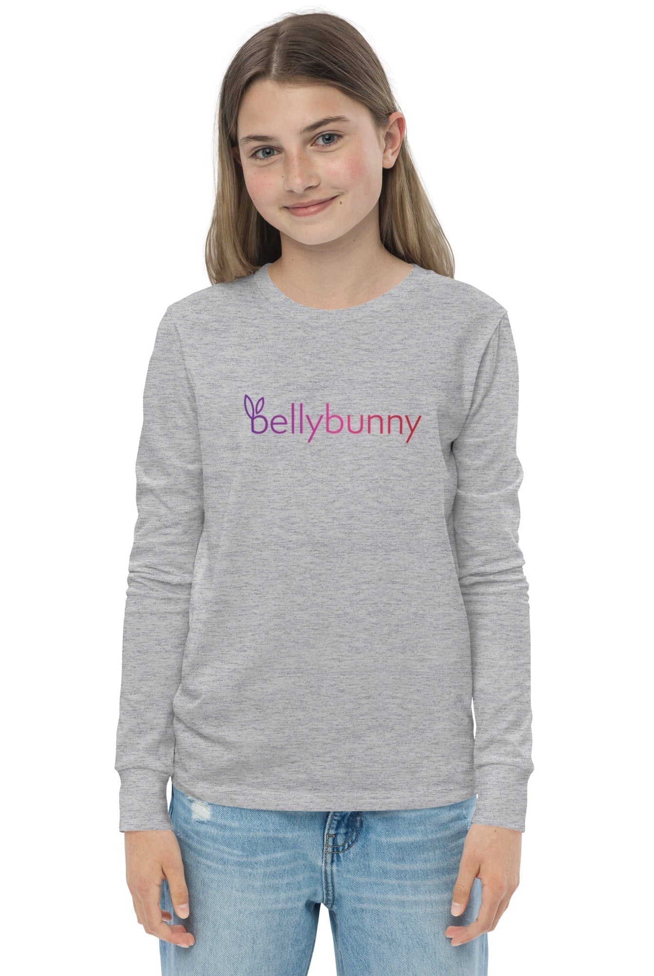 Bellybunny-Youth Long Sleeve Athletic Heather with rainbow logo