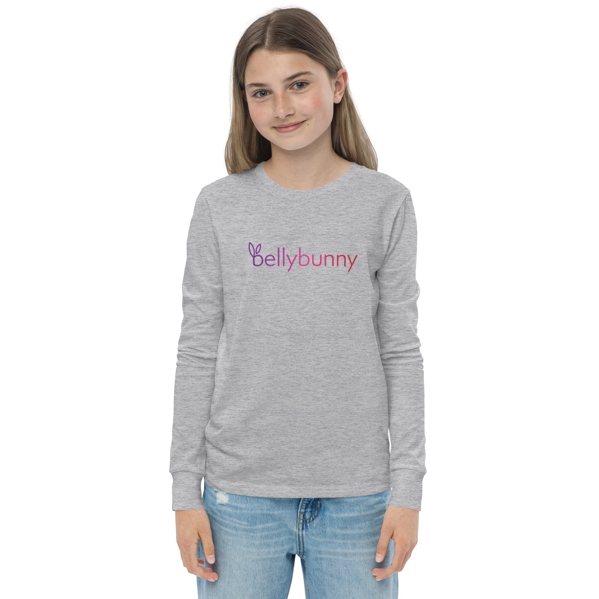 Bellybunny-Youth Long Sleeve Athletic Heather with rainbow logo